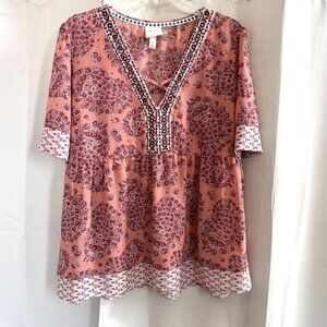 Knox‎ Rose Womens Top Size XL Western Floral Boho Embroidered Semi Peplum 18529